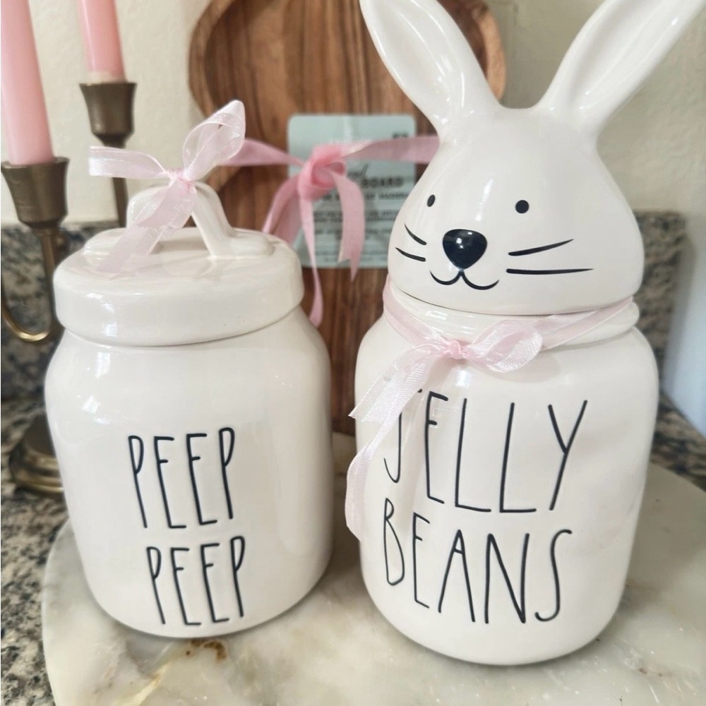 Easter Rae Dunn White Ceramic Bunny and Chick Jars set 2
